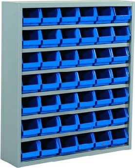 Reservedelsreol til sm�dele. Reol med 42 sm� plastbokse