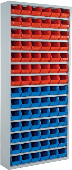 Reol med sm� plastkasser. Med 84 sm� v�rksteds�sker