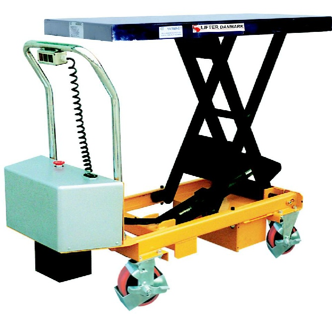 Elektrisk saksebord med hjul. Mobilt l�ftebord