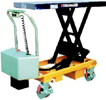 Elektrisk saksebord med hjul. Mobilt l�ftebord