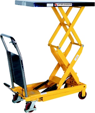 Saksevogn med dobbeltsaks. H�jtl�ftende mobilt saksebord