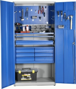 Stålskab, værktøjsskab med skuffer og værktøjspanel